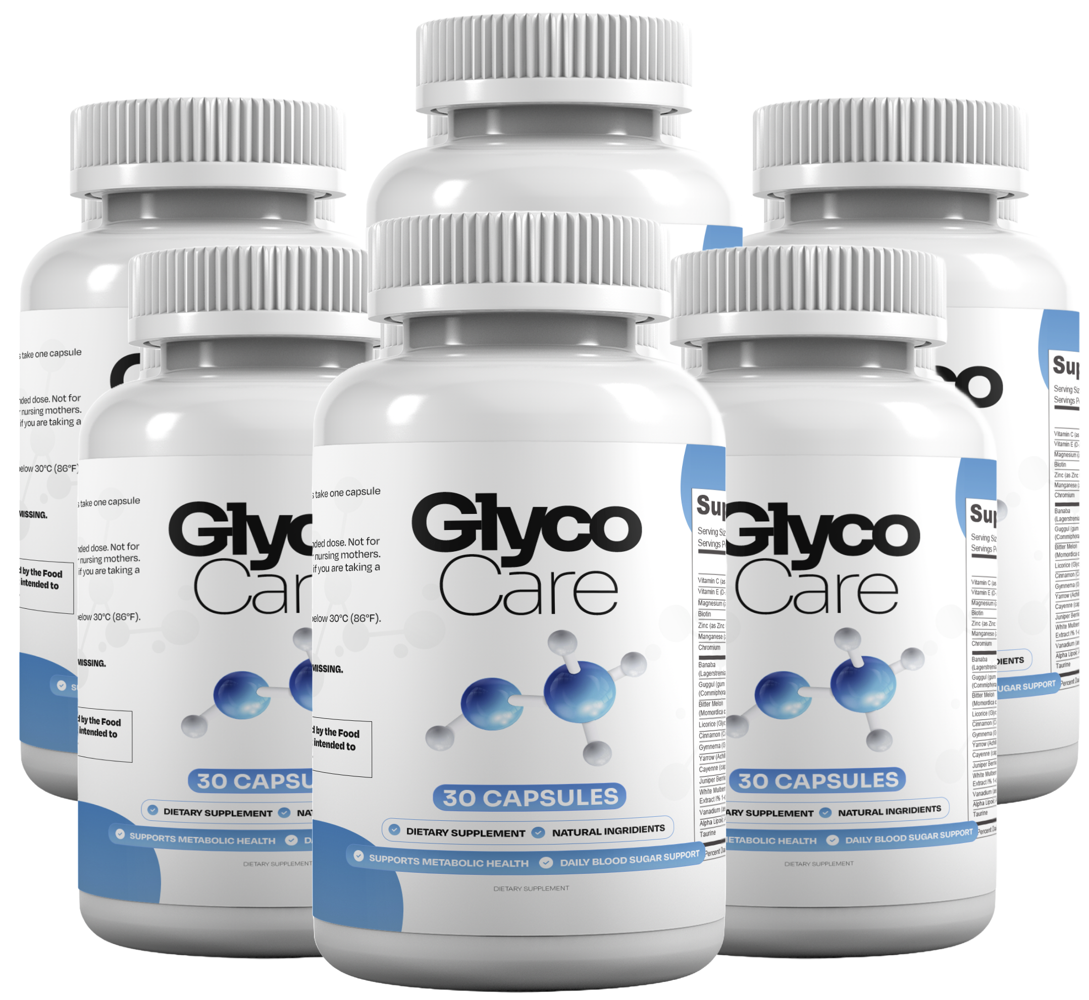 Six GlycoCare bottles
